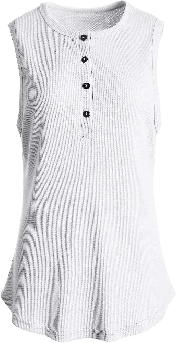 Famulily Women's Flowy Waffle Knit Tank Tops Loose Button Up V Neck Henley Shirts