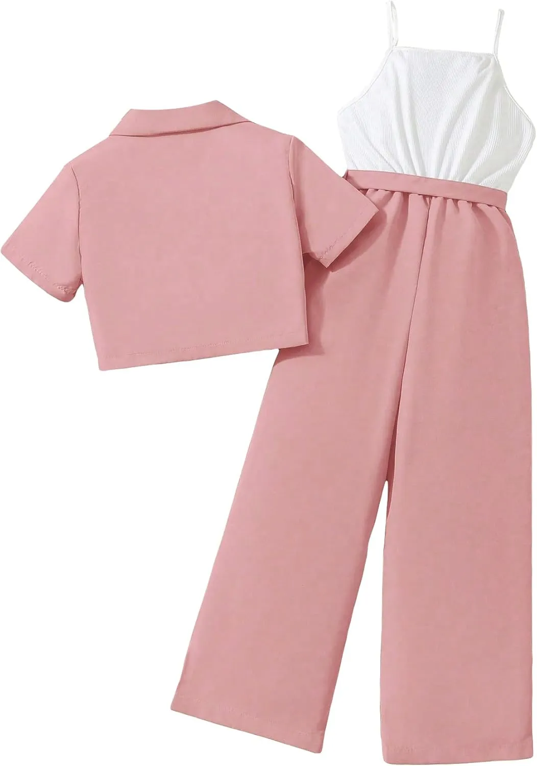 Floerns Girl's 2 Piece Outfits Short Sleeve Button Front Blazer Jacket & Belted Cami Jumpsuit Sets