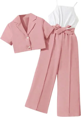 Floerns Girl's 2 Piece Outfits Short Sleeve Button Front Blazer Jacket & Belted Cami Jumpsuit Sets