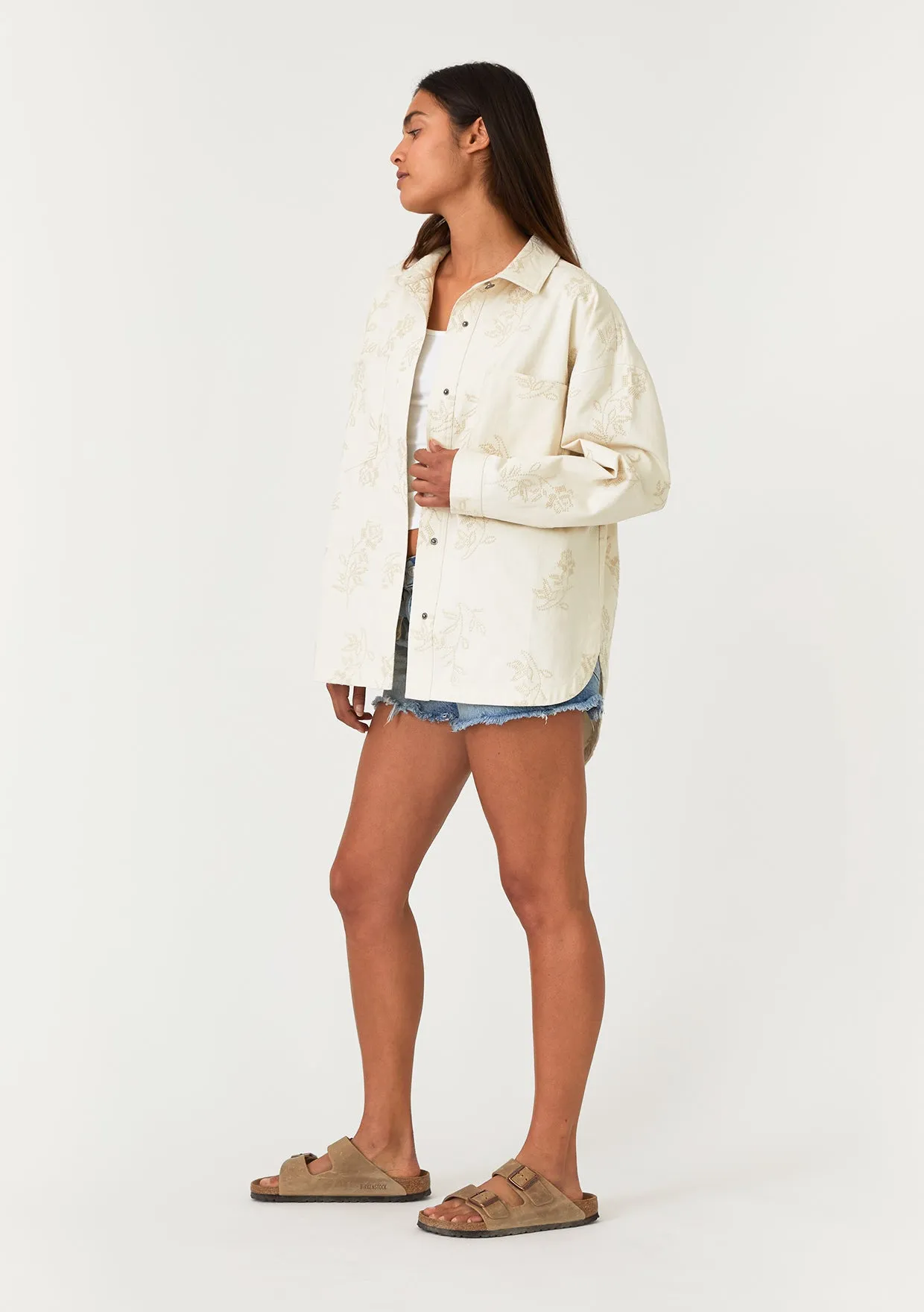 Floral Embroidered Button Front Shacket
