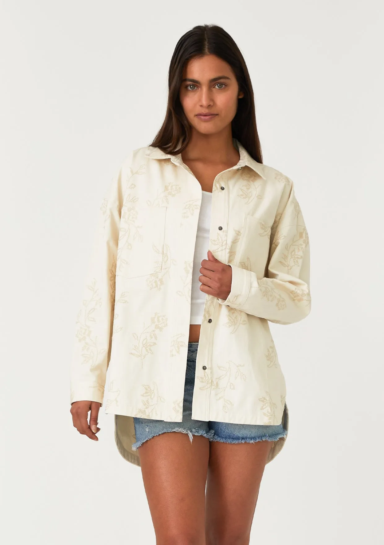 Floral Embroidered Button Front Shacket