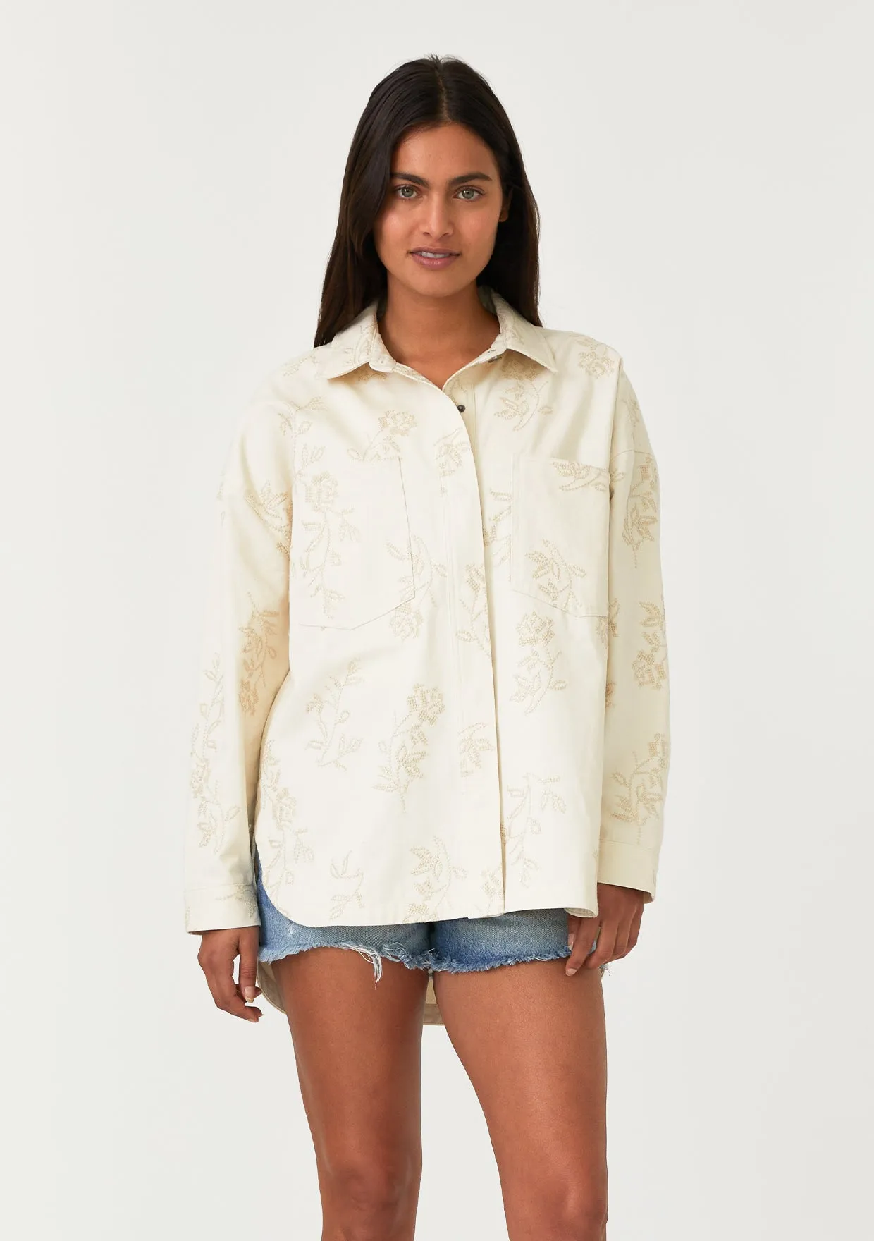 Floral Embroidered Button Front Shacket