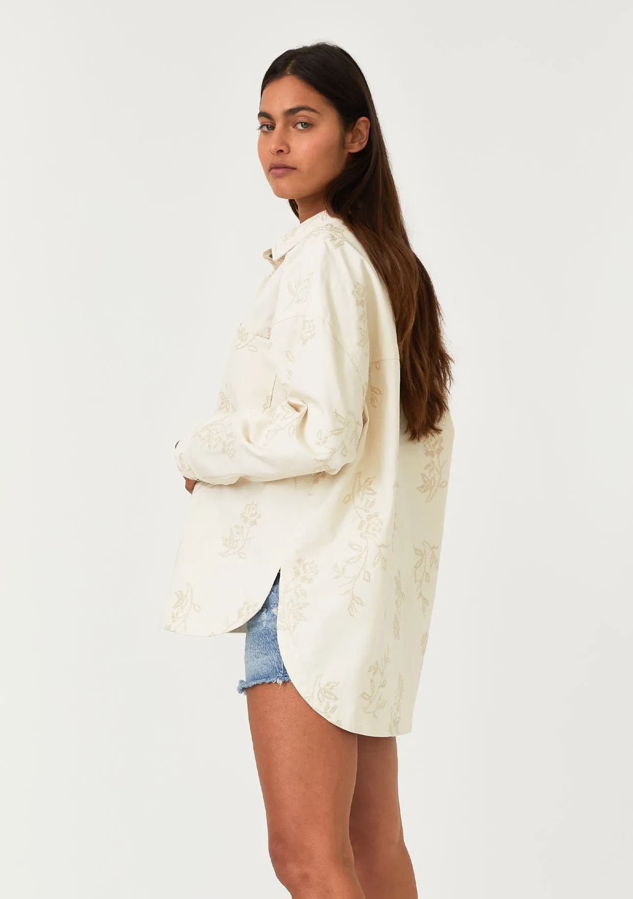 Floral Embroidered Button Front Shacket