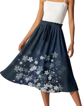 Formal Skirts for Women Summer Drawstring Elastic High Waisted Midi Skirt Boho A Line Pleated Calf Length Skirt