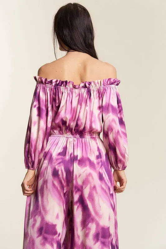 Fuchsia Combo Combo Offshoulder Tiedye Satin Jumpsuit