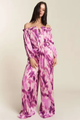 Fuchsia Combo Combo Offshoulder Tiedye Satin Jumpsuit