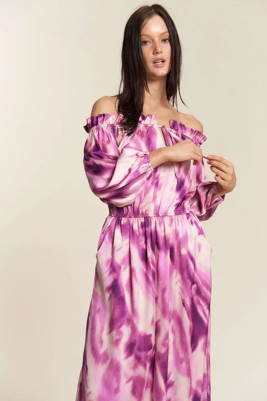 Fuchsia Combo Combo Offshoulder Tiedye Satin Jumpsuit