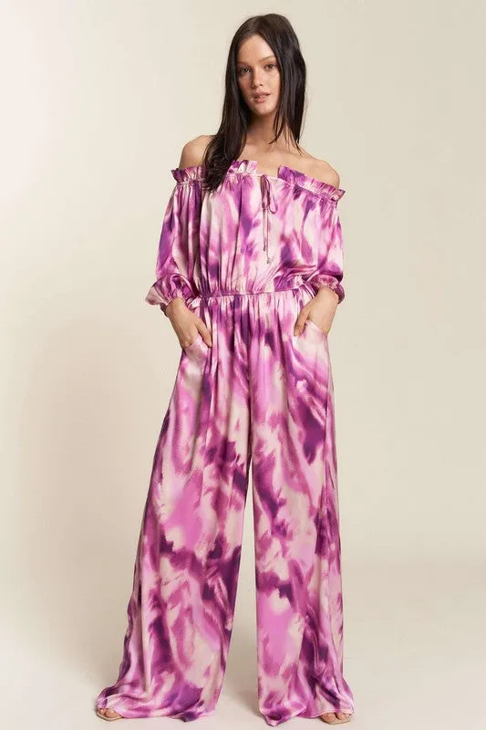 Fuchsia Combo Combo Offshoulder Tiedye Satin Jumpsuit