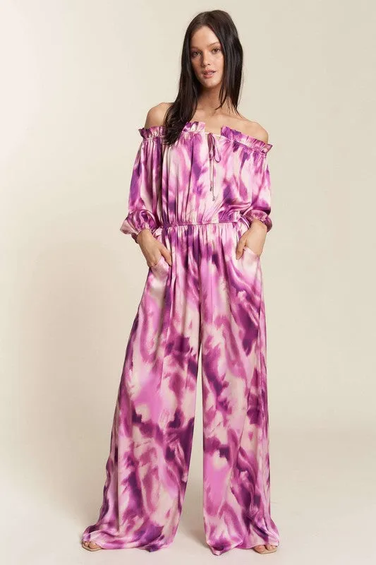 Fuchsia Combo Combo Offshoulder Tiedye Satin Jumpsuit