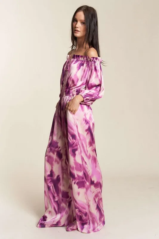 Fuchsia Combo Combo Offshoulder Tiedye Satin Jumpsuit