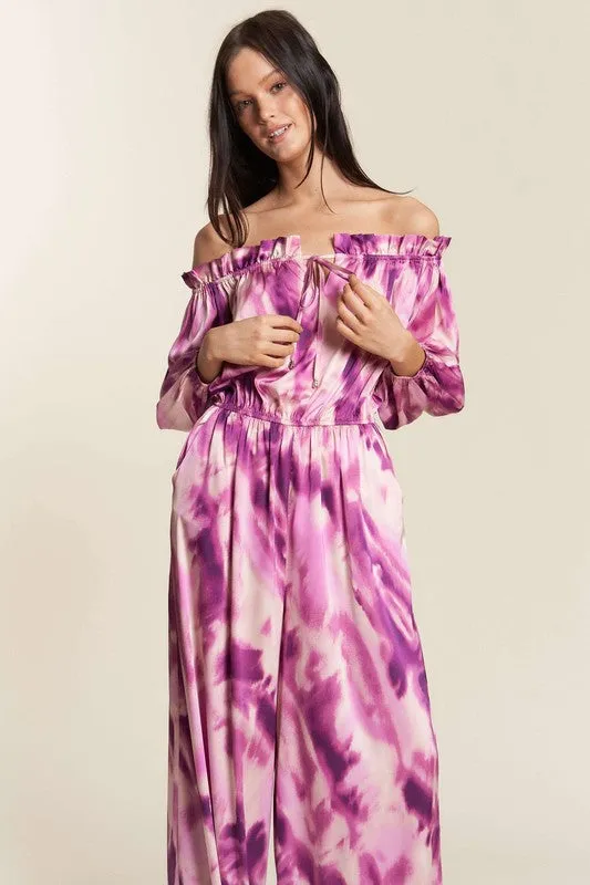 Fuchsia Combo Combo Offshoulder Tiedye Satin Jumpsuit