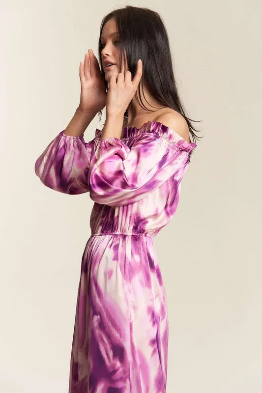 Fuchsia Combo Combo Offshoulder Tiedye Satin Jumpsuit