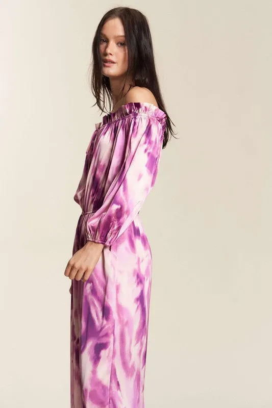 Fuchsia Combo Combo Offshoulder Tiedye Satin Jumpsuit