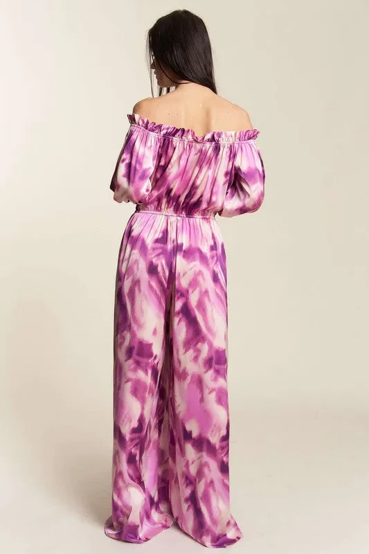 Fuchsia Combo Combo Offshoulder Tiedye Satin Jumpsuit