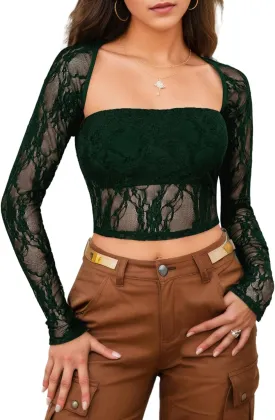 Going Out Tops for Women Long Sleeve 2 Piece Square Neck Tank Top Lace Mesh Sheer Crop Tops Strapless Shirts