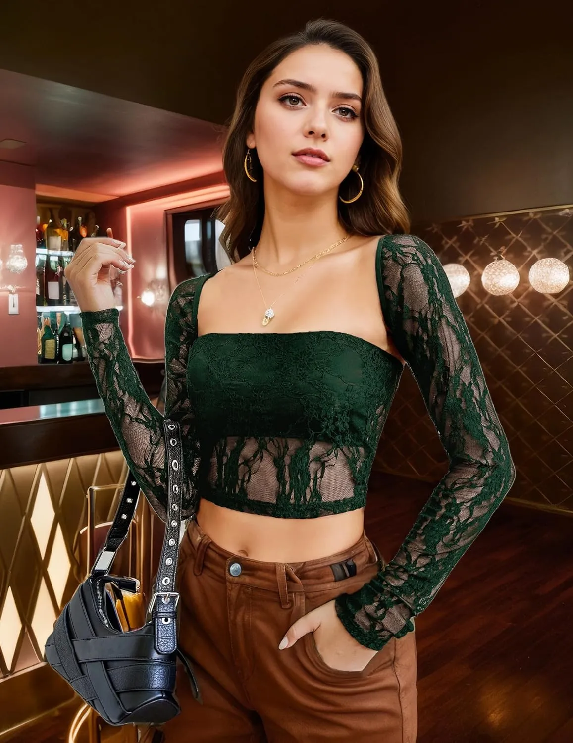Going Out Tops for Women Long Sleeve 2 Piece Square Neck Tank Top Lace Mesh Sheer Crop Tops Strapless Shirts