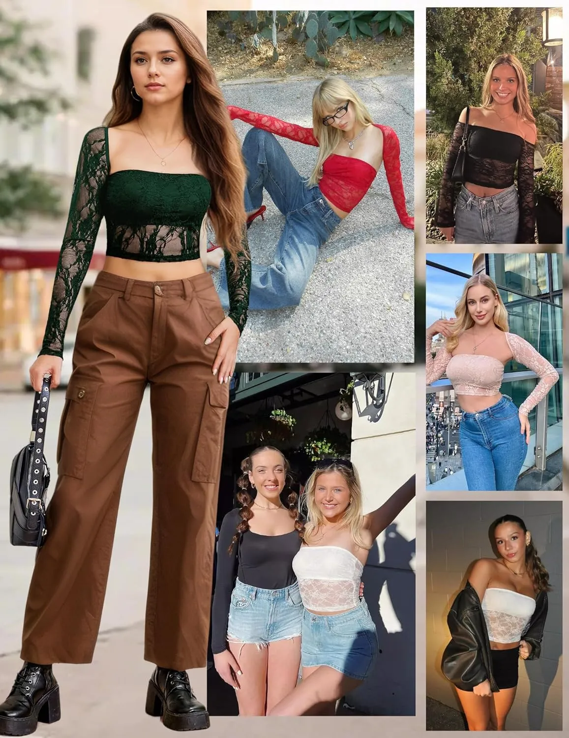 Going Out Tops for Women Long Sleeve 2 Piece Square Neck Tank Top Lace Mesh Sheer Crop Tops Strapless Shirts