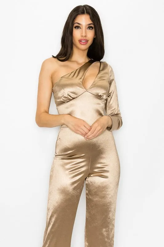 Gold Stretch Satin One Shoulder Jumpsuit
