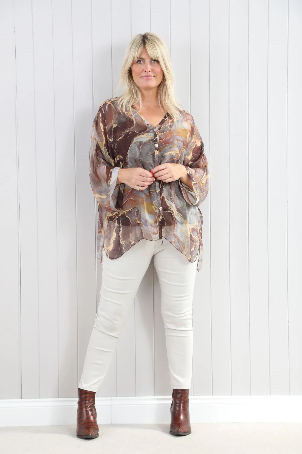 Goose Island 4607 Magenta Silk Marble Print Two Piece Blouse