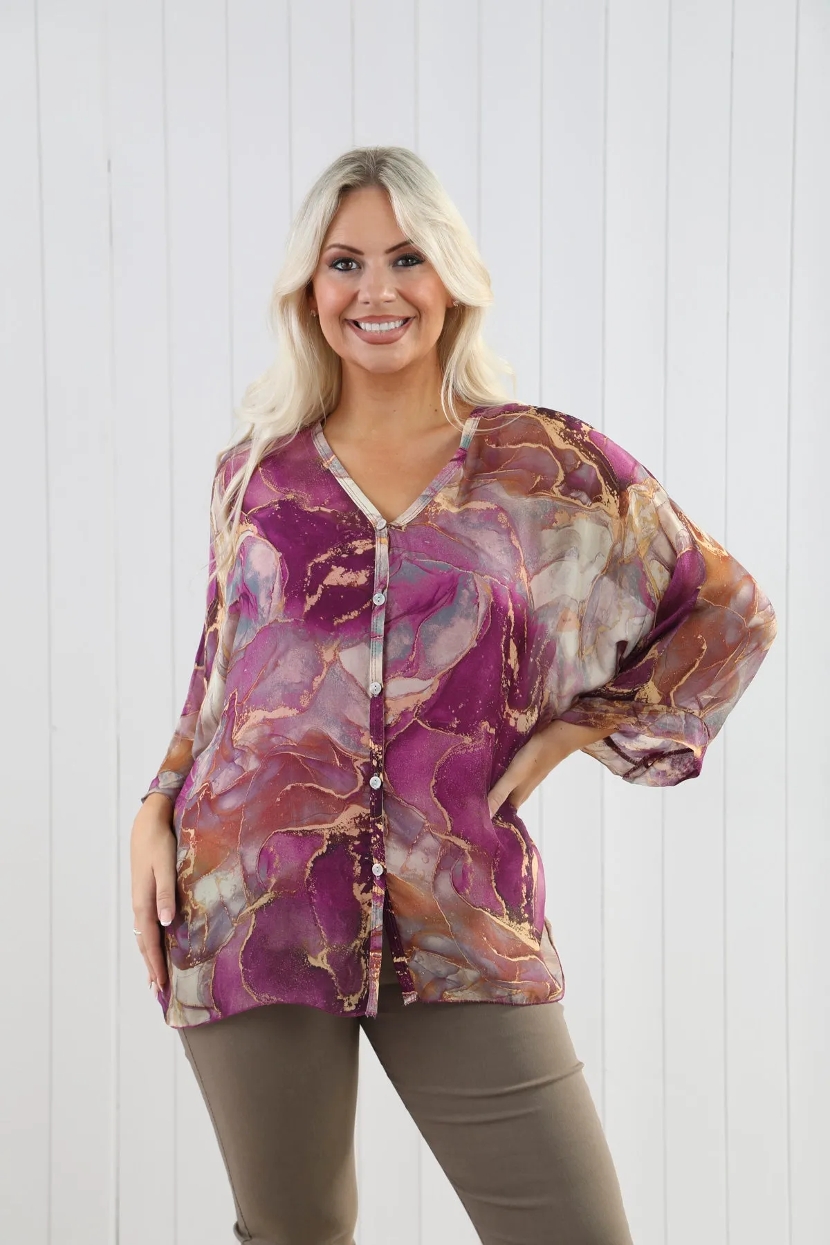 Goose Island 4607 Magenta Silk Marble Print Two Piece Blouse