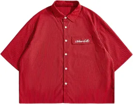 GORGLITTER Men's Striped Crop Letter Graphic Flap Button Down Up Shirt Short Sleeve Collar Top