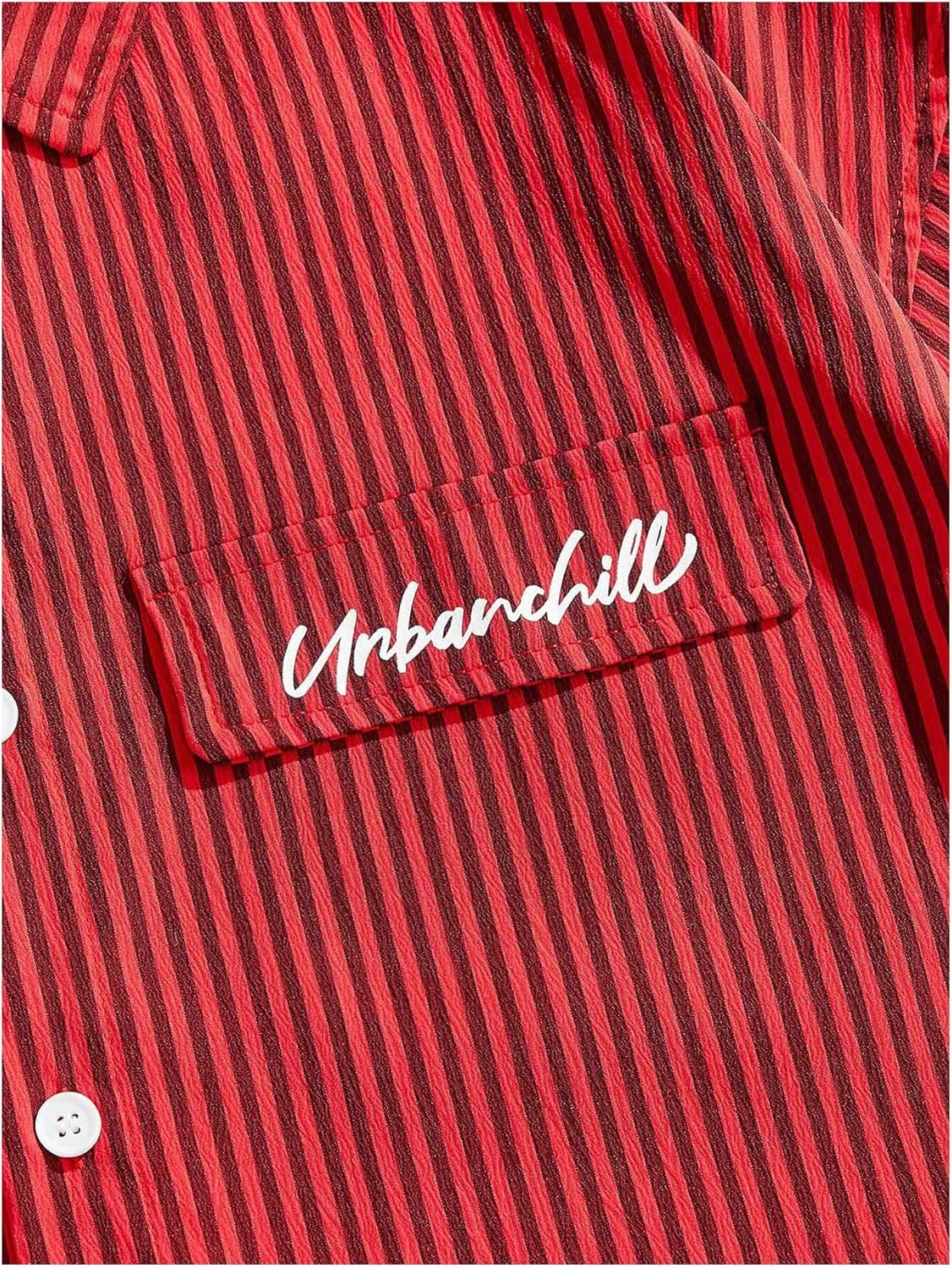 GORGLITTER Men's Striped Crop Letter Graphic Flap Button Down Up Shirt Short Sleeve Collar Top