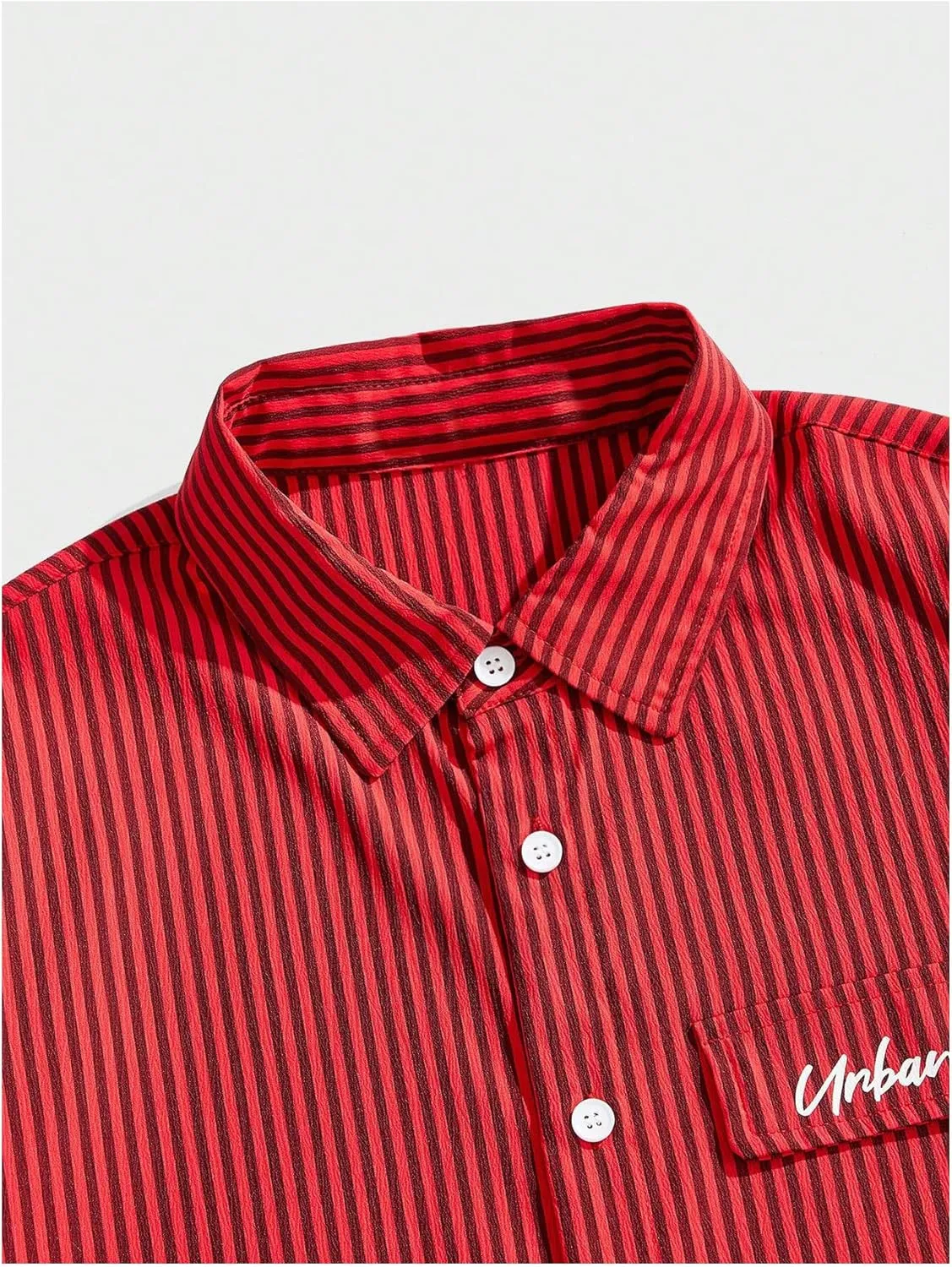GORGLITTER Men's Striped Crop Letter Graphic Flap Button Down Up Shirt Short Sleeve Collar Top