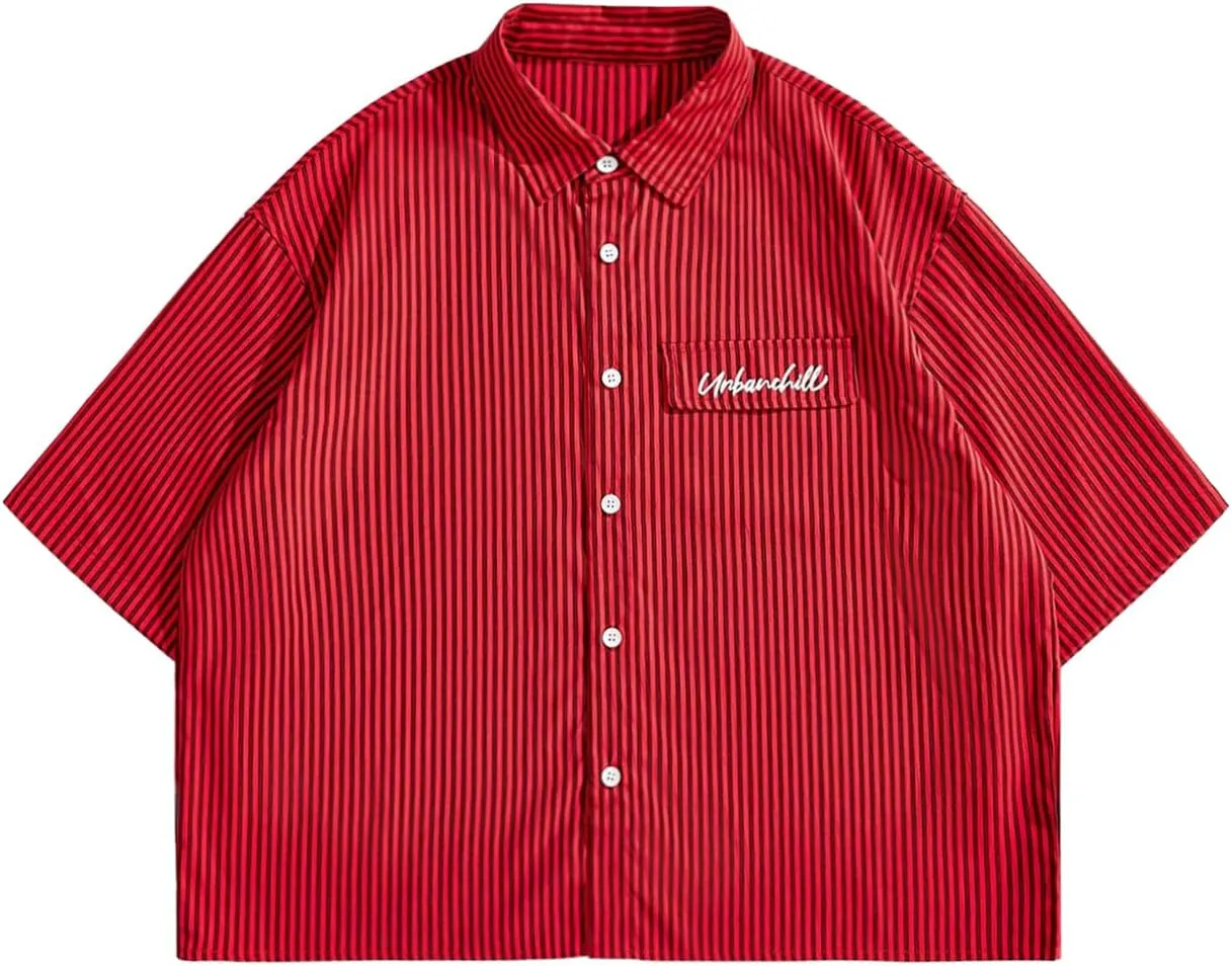 GORGLITTER Men's Striped Crop Letter Graphic Flap Button Down Up Shirt Short Sleeve Collar Top