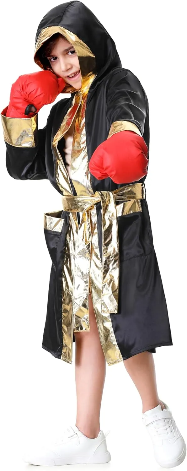 GRAJTCIN Boxing Costume For Kids Halloween Boxer Costume Sets Includes Boxing Robe, Fake Muscle Shirt and Shorts