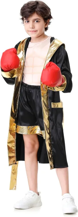 GRAJTCIN Boxing Costume For Kids Halloween Boxer Costume Sets Includes Boxing Robe, Fake Muscle Shirt and Shorts
