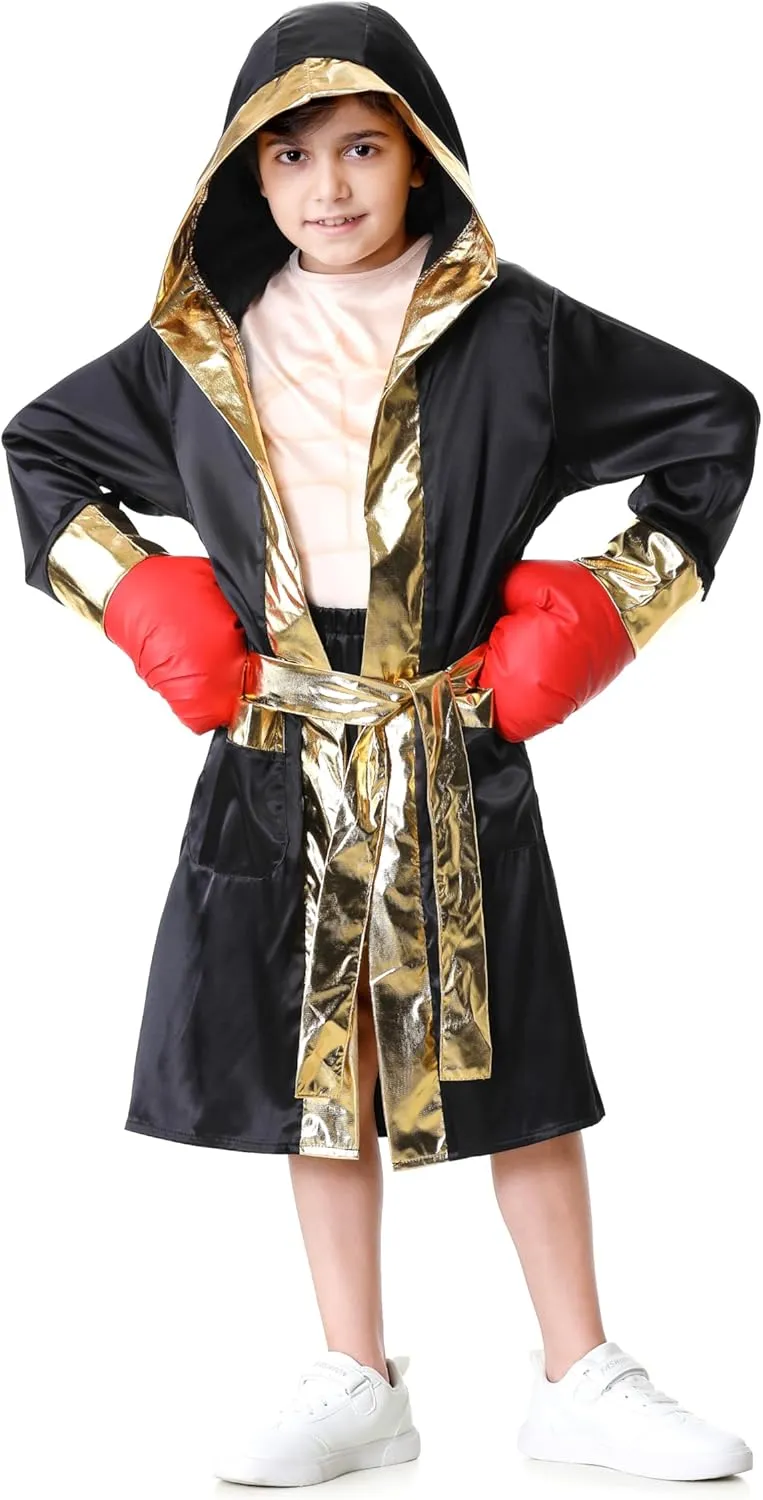 GRAJTCIN Boxing Costume For Kids Halloween Boxer Costume Sets Includes Boxing Robe, Fake Muscle Shirt and Shorts