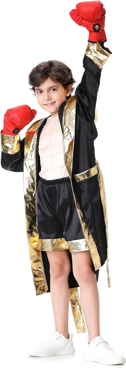 GRAJTCIN Boxing Costume For Kids Halloween Boxer Costume Sets Includes Boxing Robe, Fake Muscle Shirt and Shorts