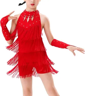 Happy Cherry Girls Latin Short Bodysuit Dress Sleeveless Tassels Dancewear Samba Rumba Jazz Cha Cha Dance Costume 3-14Y