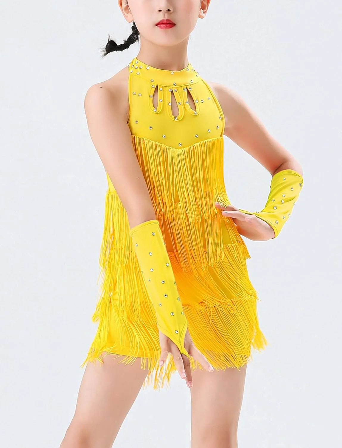 Happy Cherry Girls Latin Short Bodysuit Dress Sleeveless Tassels Dancewear Samba Rumba Jazz Cha Cha Dance Costume 3-14Y