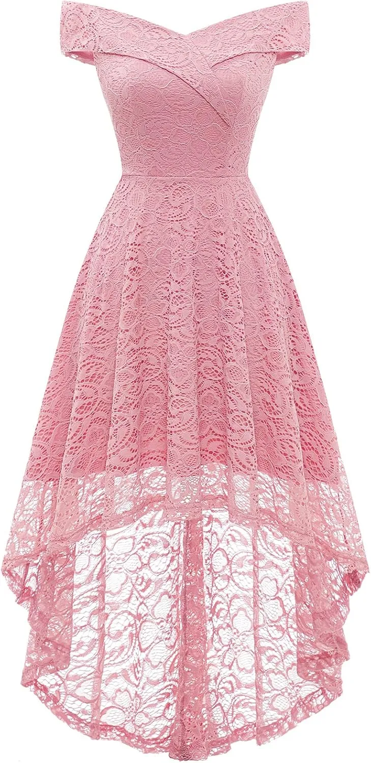 HomRain Women's Elegant Floral Lace Dress Off The Shoulder High Low Hem Dresses for Wedding for Cocktail for Party