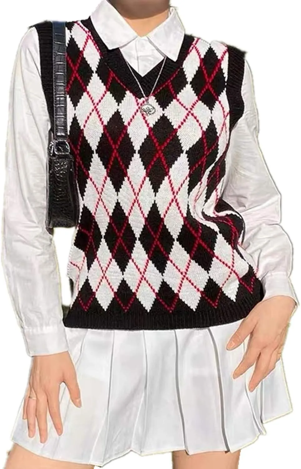 Hyipels Sweater Vest Women,Sleeveless V Neck Argyle Plaid Long Preppy Loose Knitted Casual School Sweaters Tank Top