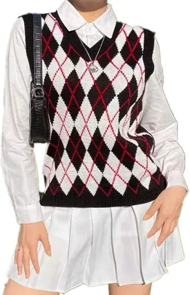 Hyipels Sweater Vest Women,Sleeveless V Neck Argyle Plaid Long Preppy Loose Knitted Casual School Sweaters Tank Top