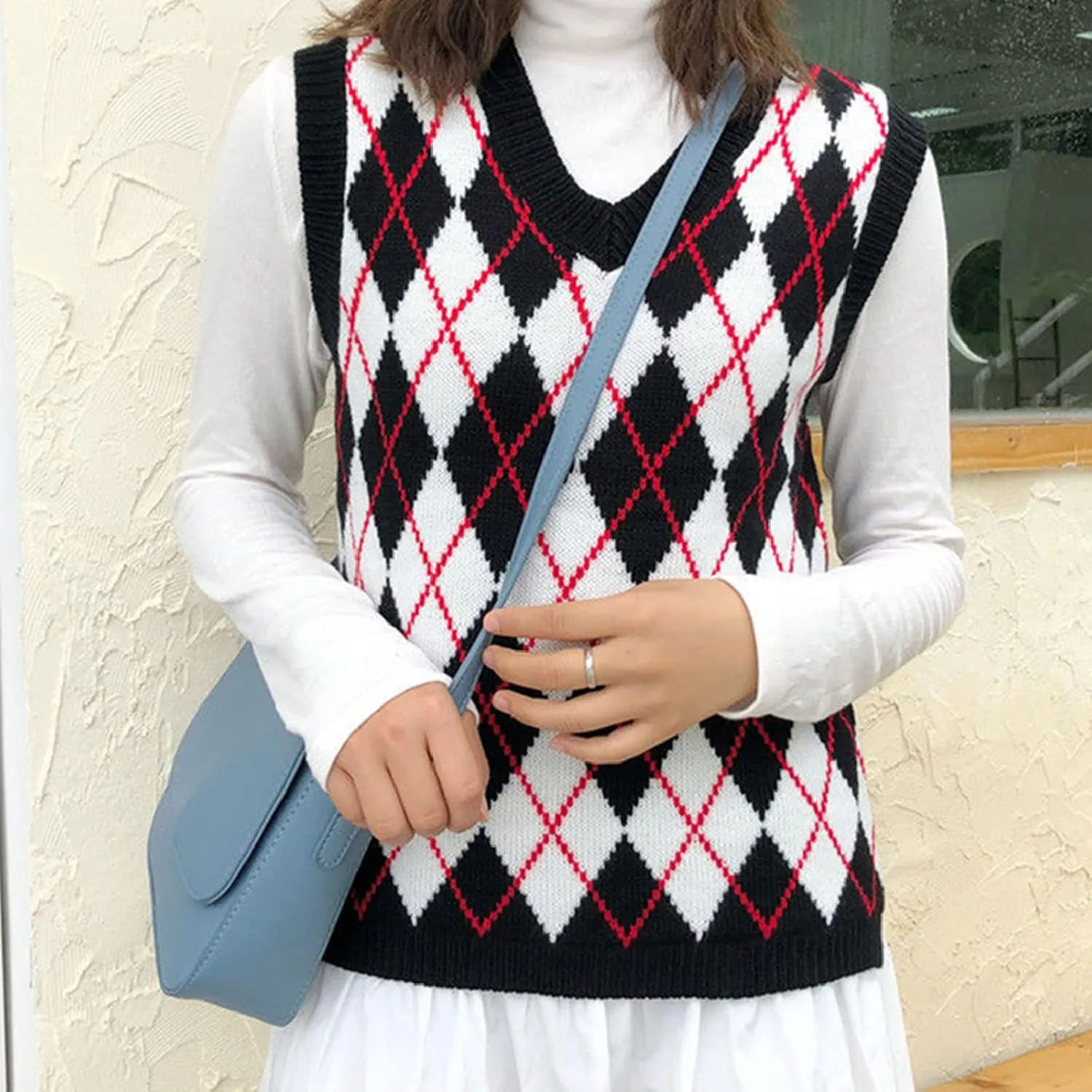 Hyipels Sweater Vest Women,Sleeveless V Neck Argyle Plaid Long Preppy Loose Knitted Casual School Sweaters Tank Top
