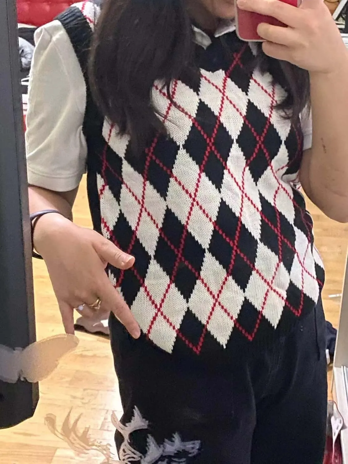 Hyipels Sweater Vest Women,Sleeveless V Neck Argyle Plaid Long Preppy Loose Knitted Casual School Sweaters Tank Top