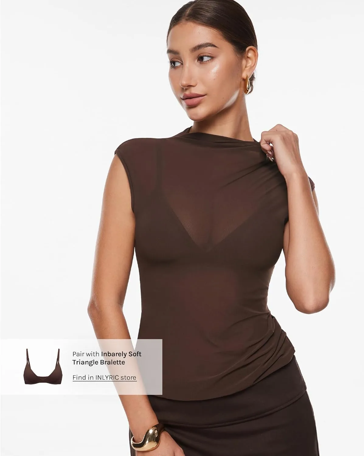 INLYRIC Women's Cosnufy Mesh Sheer Mock Turtle Neck Tank Tops See Through Sleeveless Sexy Summer Going Out Tops