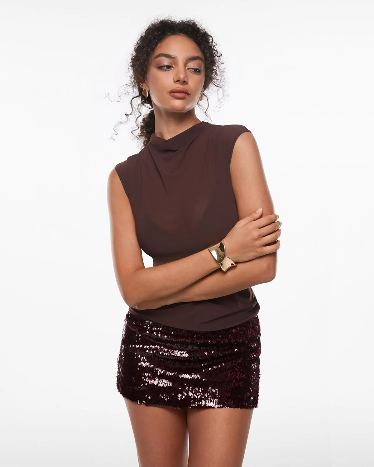 INLYRIC Women's Cosnufy Mesh Sheer Mock Turtle Neck Tank Tops See Through Sleeveless Sexy Summer Going Out Tops