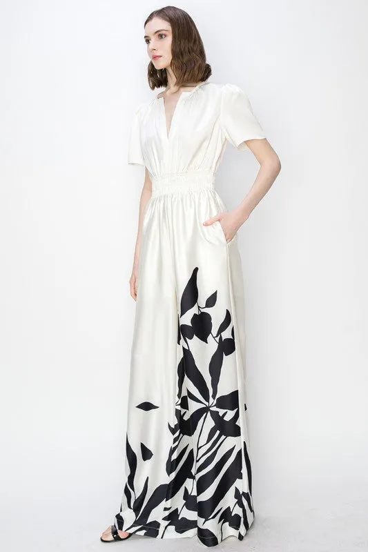 Ivory V Neck Leaf Printed Wide Jumpsui