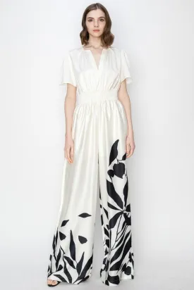 Ivory V Neck Leaf Printed Wide Jumpsui
