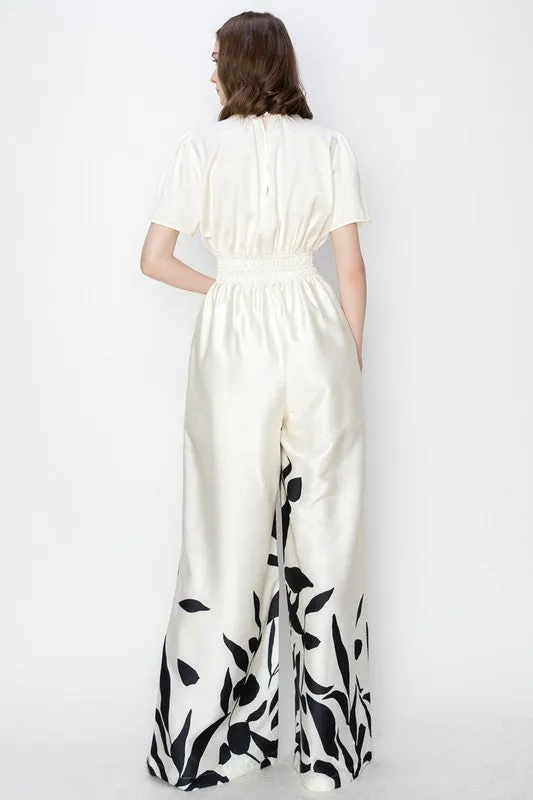 Ivory V Neck Leaf Printed Wide Jumpsui