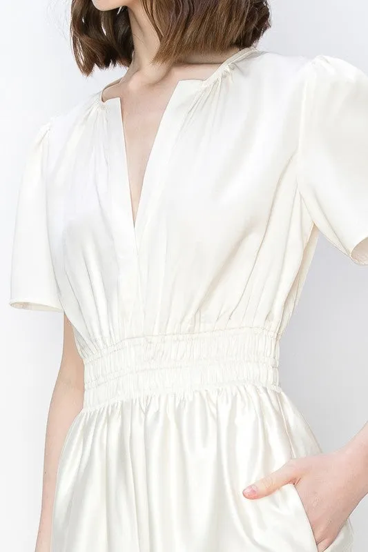 Ivory V Neck Leaf Printed Wide Jumpsui