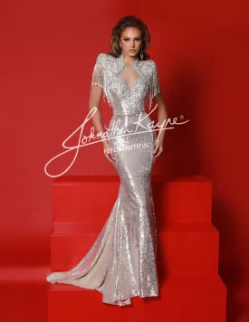 Johnathan Kayne 2933 Size 12 Champagne Long Sequin Pageant Dress Fringe Cap sleeve Formal Backless Crystal Gown
