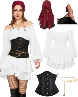 kasahara Pirate Costume Dress Women with Boned Underbust Waist Corset Bandana Pirate Sexy Costumes Accessories 5pcs