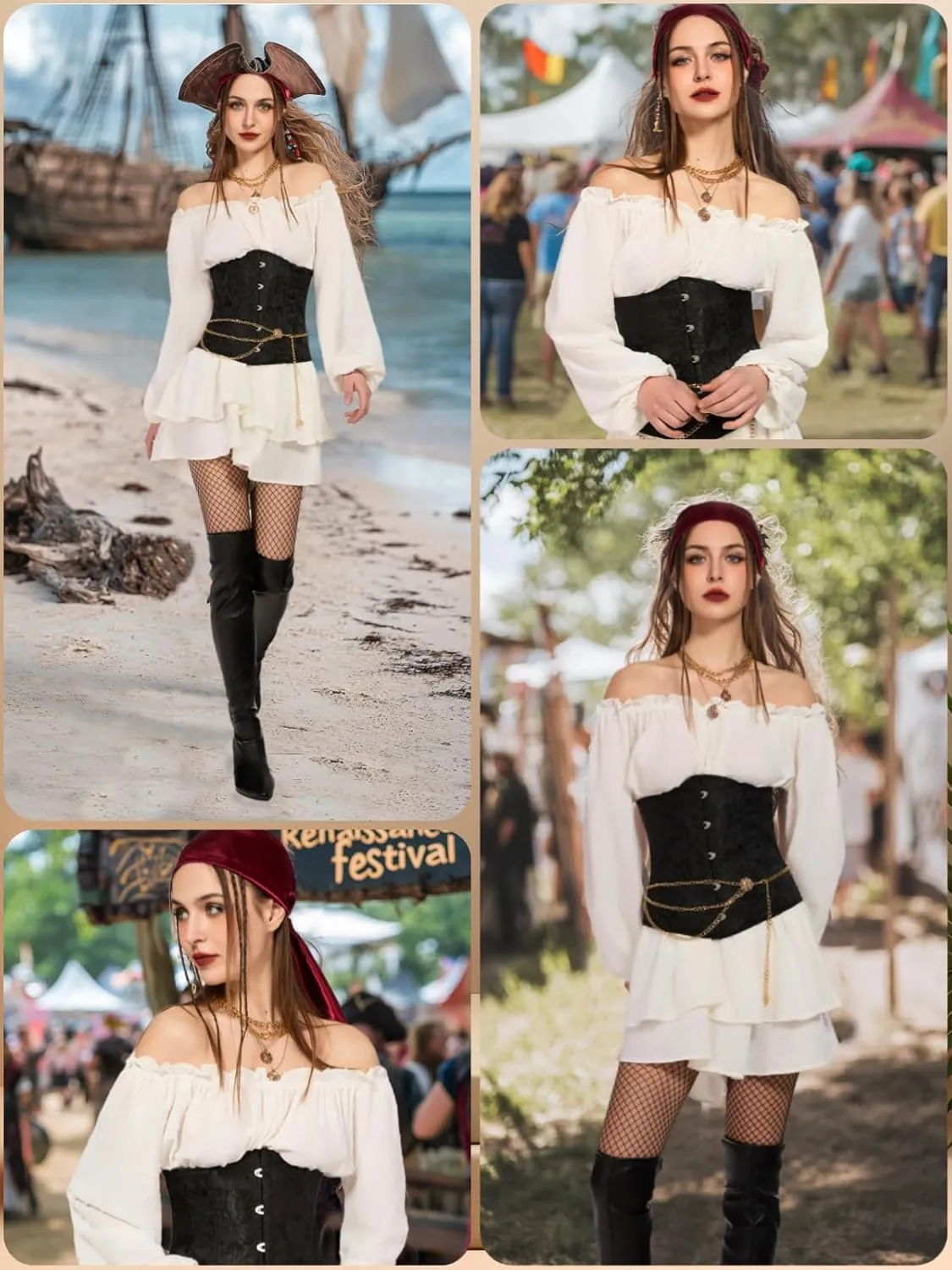 kasahara Pirate Costume Dress Women with Boned Underbust Waist Corset Bandana Pirate Sexy Costumes Accessories 5pcs