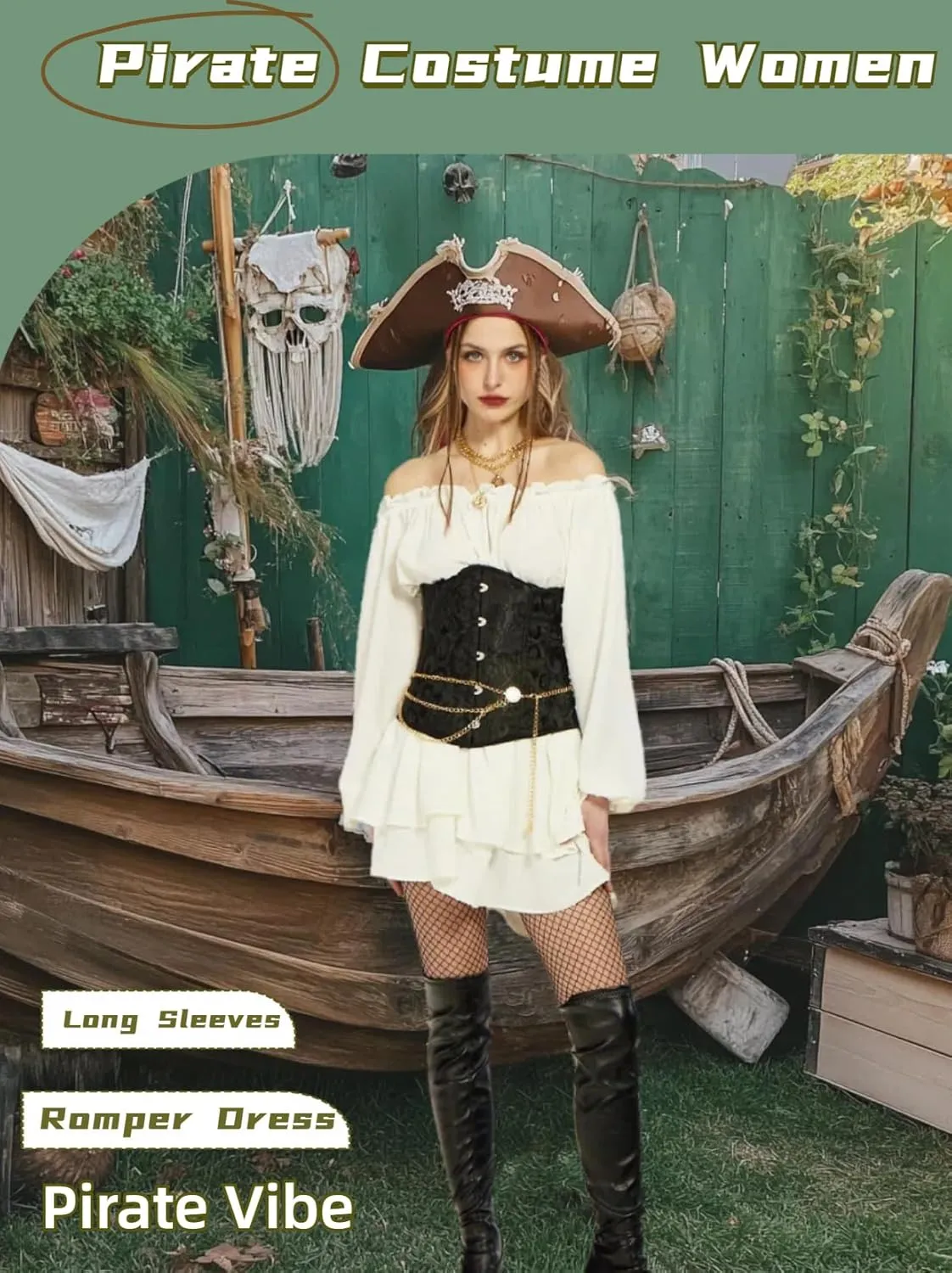 kasahara Pirate Costume Dress Women with Boned Underbust Waist Corset Bandana Pirate Sexy Costumes Accessories 5pcs