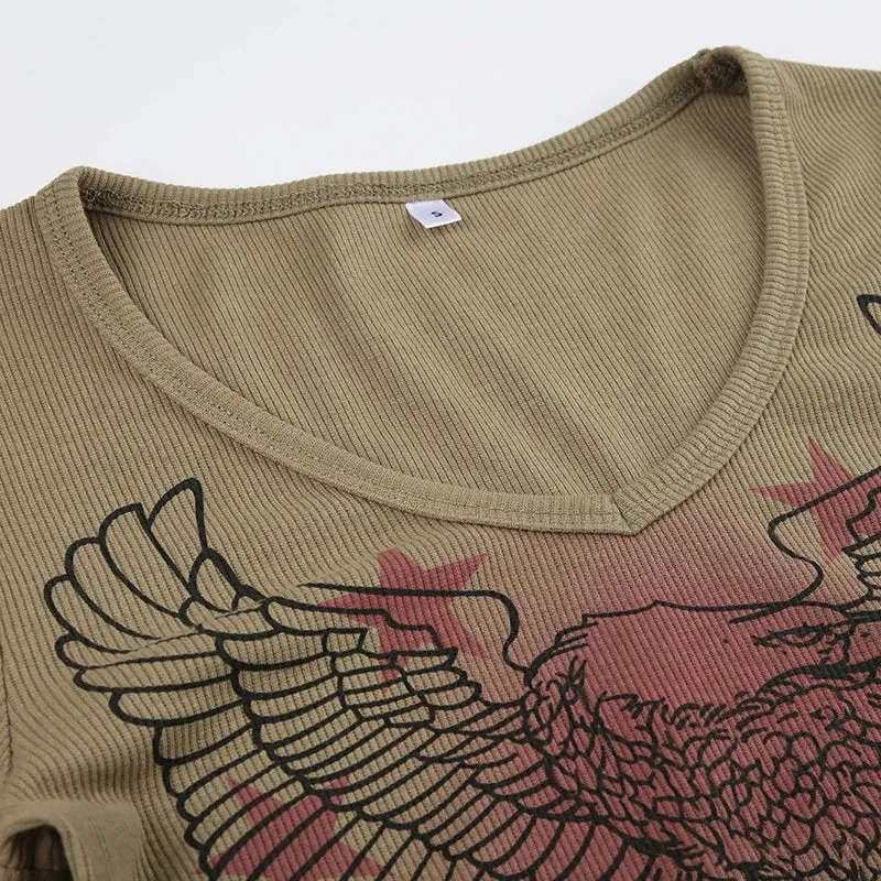 Khaki Graphic Printed Long Sleeves Slim Top